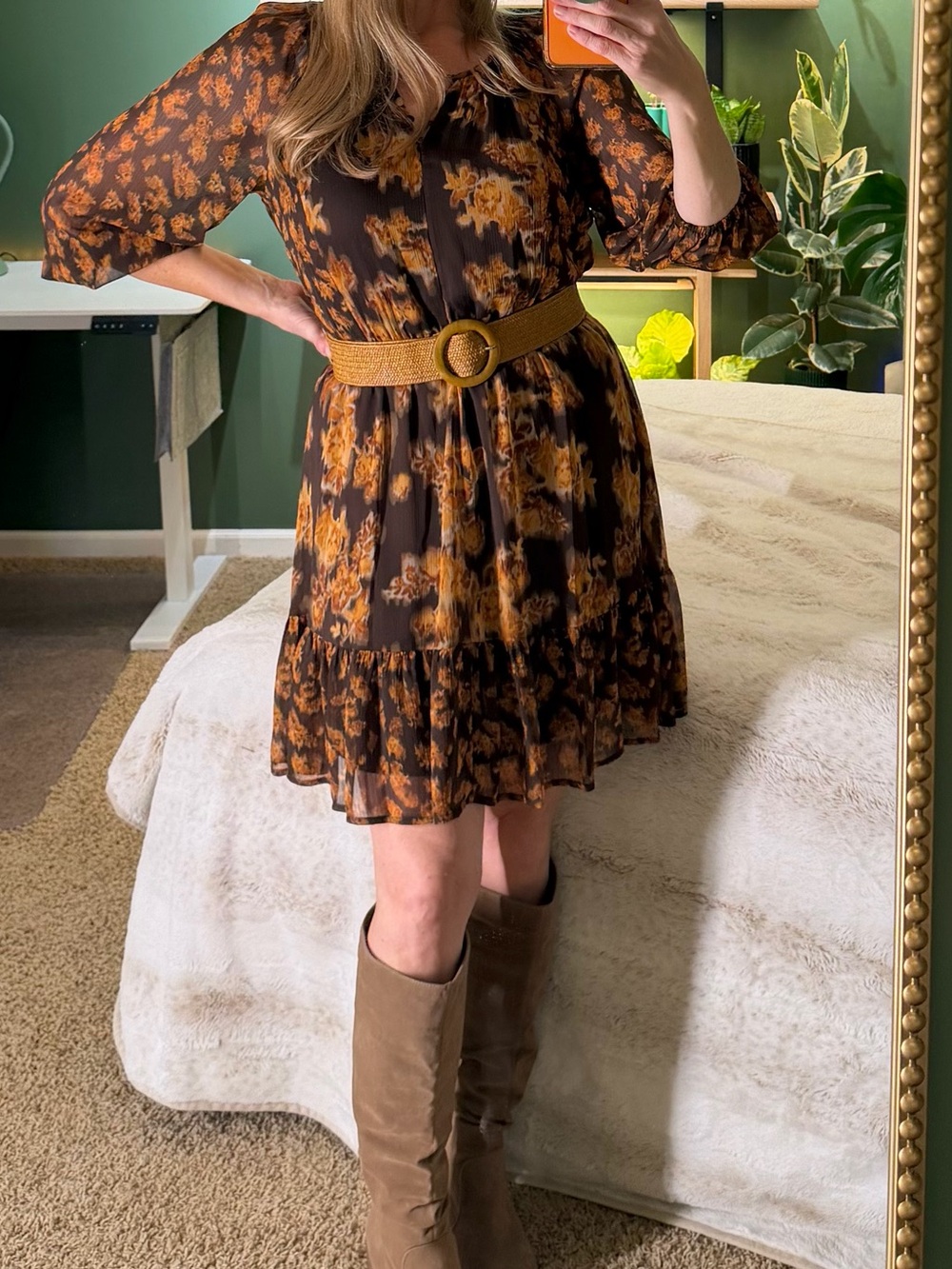 Vera Wang Brown and Mustard Floral Tiered Mini Dress